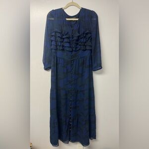 Banana Republic Blue Camo Ruffle Button Front Dress 10P Long Sleeve Chiffon G